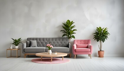 A modern living room with a gray tufted sofa, a pink armchair, and a potted plant on a wooden platform against a white textured wall 