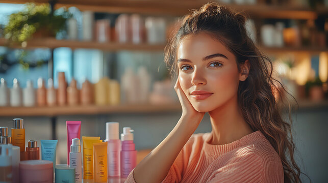 Beautiful woman applies skincare in a studio. Generative ai.
