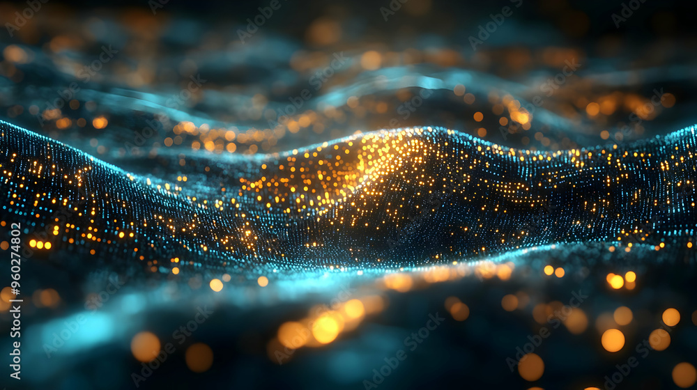 Poster abstract digital landscape with glowing particles and waves.