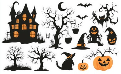 black Halloween silhouette icons, spooky haunted house and tree on a white background with various elements such as a cat, witch, broom, stone castle, and pumpkins