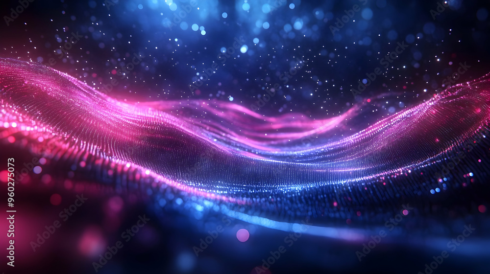 Poster abstract digital landscape with vibrant waves and sparkling particles.