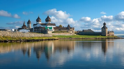 Fototapeta premium The majestic Solovetsky Monastery on the White Sea, surrounded by water and history.