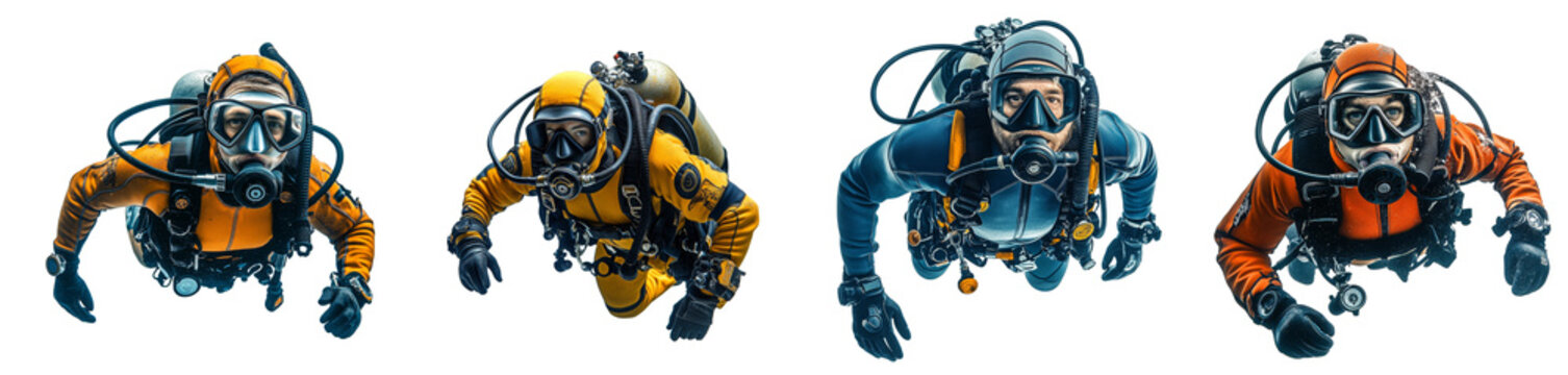 Group of deep-sea divers wearing full diving suits underwater adventure transparent background