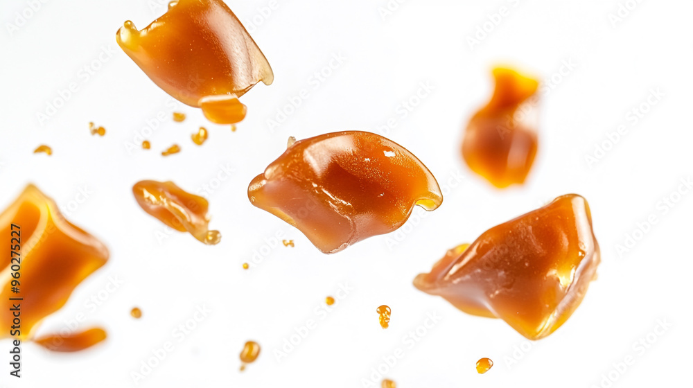 Poster floating caramel pieces against a white background captured in bright light, showcasing their glossy