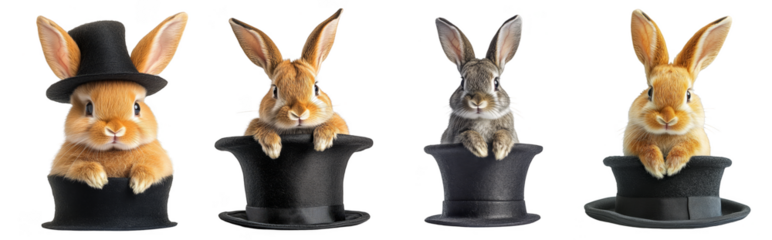 Cute rabbits in magician’s hats looking curious and playful animals and magic transparent background