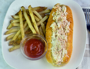 ham salad sub  with frties  and ketchup