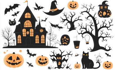 black Halloween silhouette icons, spooky haunted house and tree on a white background with various elements such as a cat, witch, broom, stone castle, and pumpkins
