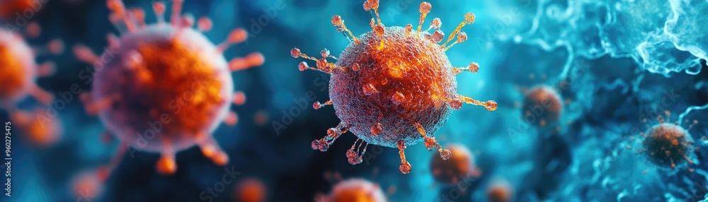 Poster a detailed close-up of a virus cell, showcasing its intricate structure and surrounding environment 
