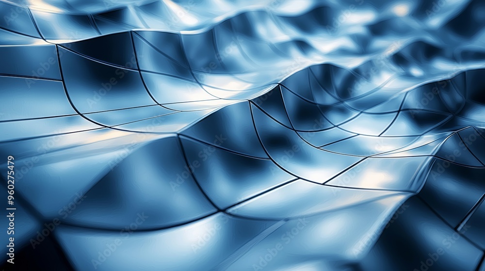 Poster abstract blue waves creating a dynamic pattern, reflecting light and shadow in a modern, artistic de