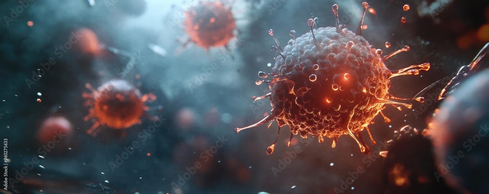 Poster detailed visualization of a virus in a dark environment, showcasing intricate structures and vibrant
