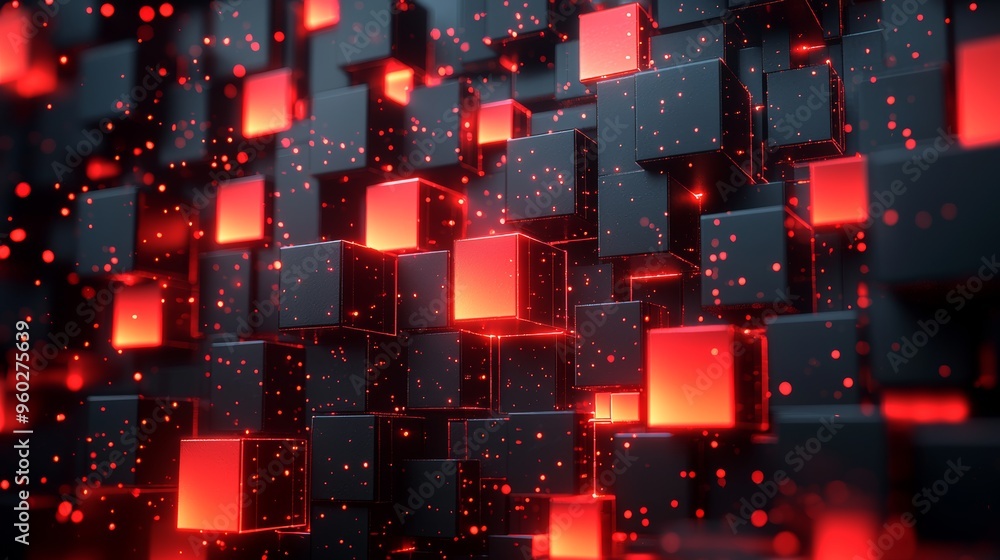 Poster dynamic arrangement of glowing red cubes against a dark background with sparkling particles in a fut