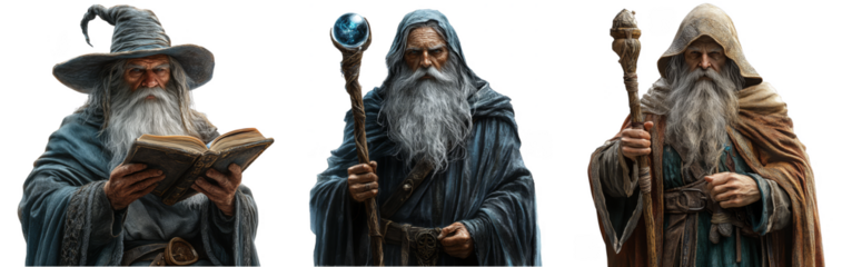 Wizards with staffs and beards in magical attire fantasy characters transparent background