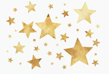 Illustration of watercolor gold stars on white background, star pattern