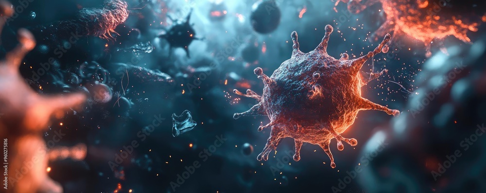 Poster an abstract representation of microscopic viruses floating in a vibrant, colorful environment, showc