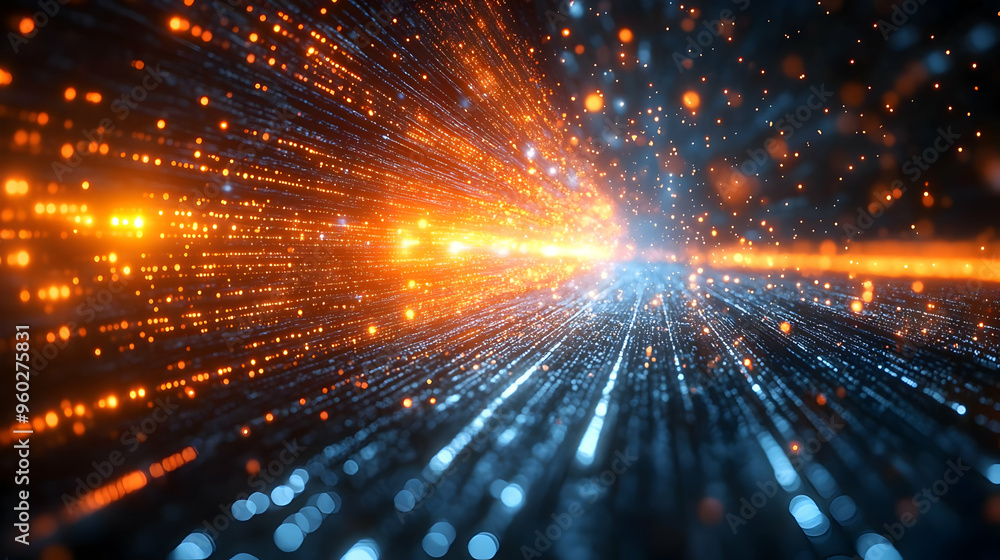 Poster abstract digital visualization of glowing particles in motion.