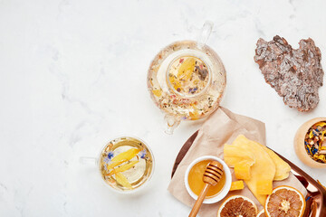 Alpine wellness elixir - holistic health in herbal cup background. Copy space