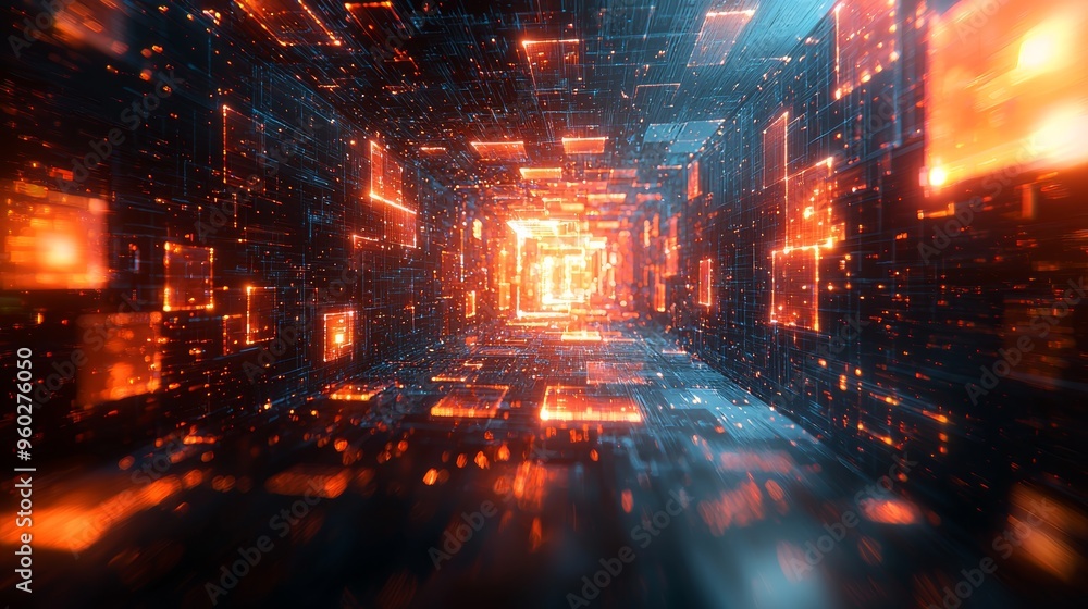 Poster dynamic digital tunnel with glowing orange and blue particles flowing through a futuristic data envi