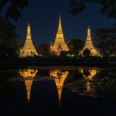 Obraz premium The night view of Wat Pho, with its golden spires illuminated and reflecting in the still waters of the surrounding ponds.