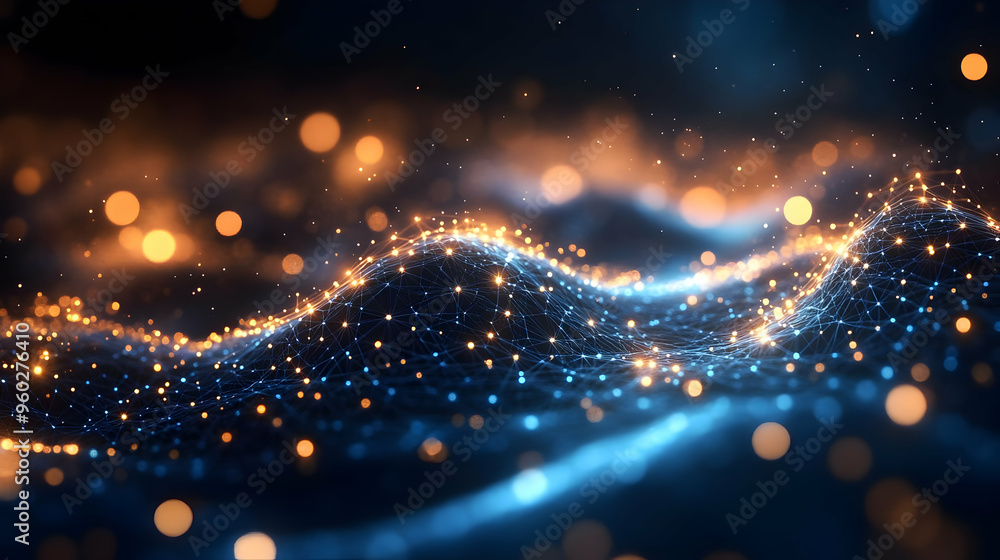 Poster abstract digital waves with glowing particles in a dark background.