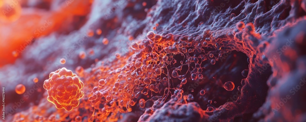 Aufkleber close-up view of vibrant, microscopic cells showcasing intricate patterns and colors in a dynamic bi