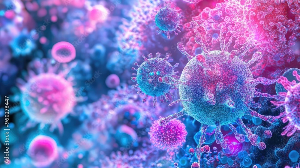 Poster vibrant close-up of colorful virus particles, showcasing intricate details and textures in a fascina