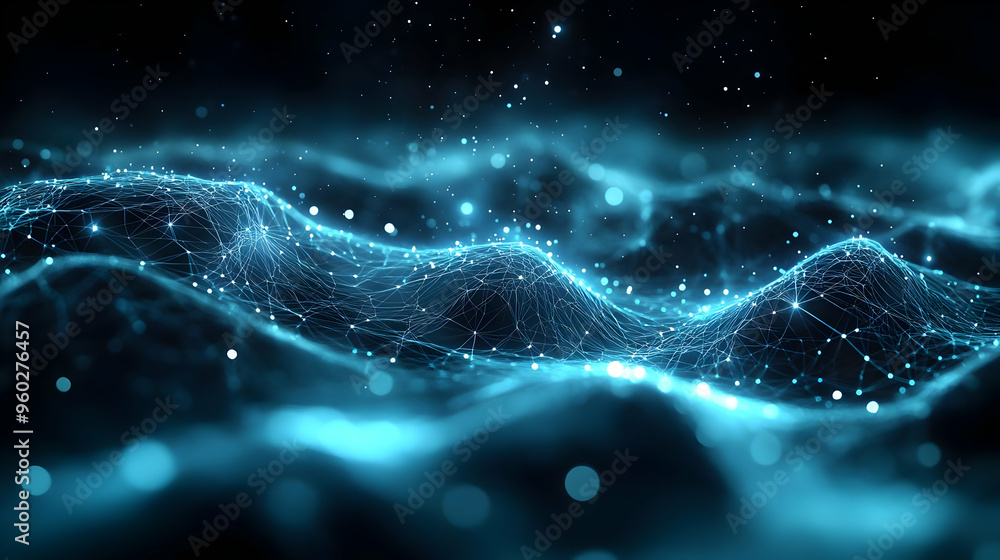 Poster abstract digital waves with glowing particles in a dark background.
