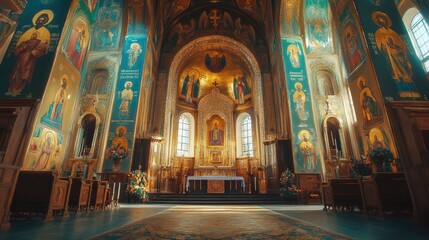 Fototapeta premium The ornate interior of a Russian Orthodox church with golden icons and frescoes.