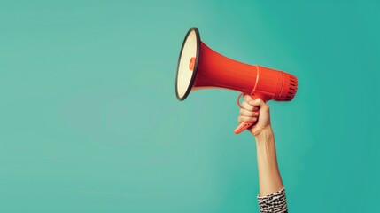 Close-up photo of hand holding red megaphone against teal background, highlighting vibrant colors and contrast.