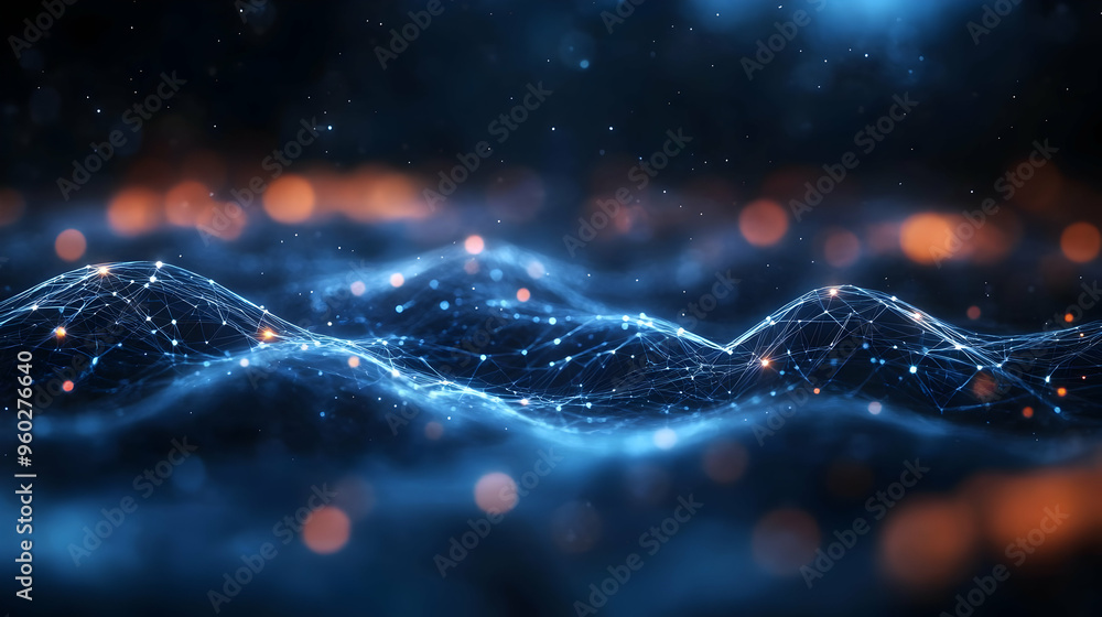Poster abstract digital waves with glowing particles in a dark background.