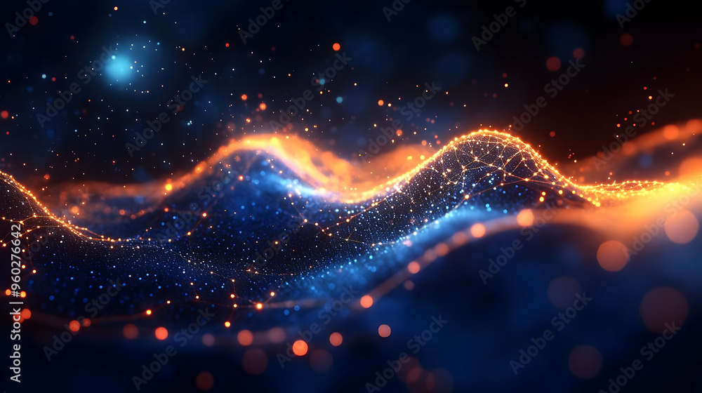 Poster abstract digital waves with glowing particles in blue and orange.
