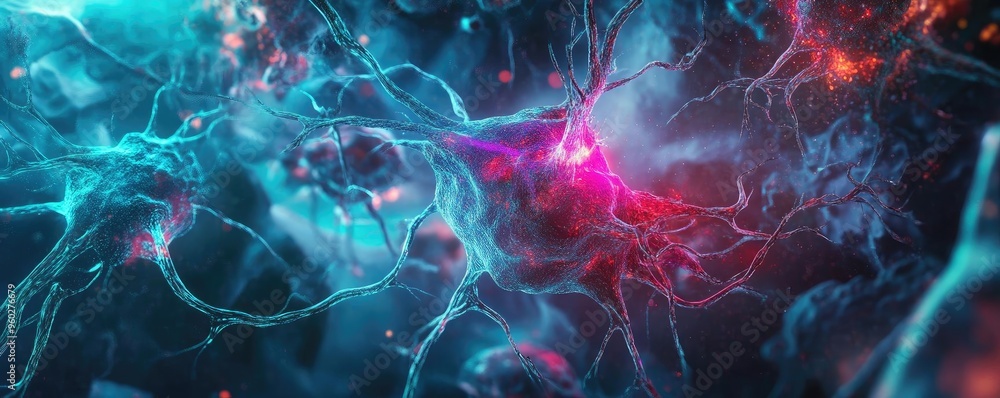 Poster an abstract representation of neural connections, showcasing vibrant colors and intricate structures