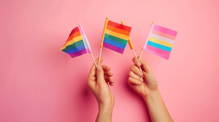Image shows hands holding rainbow and trans flags on pink background, creating warm, inviting ambiance with peaceful, positive vibe.
