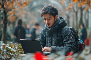 Asian college students work on their laptop engaged in academic tasks or research in a university environment