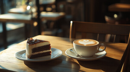 A cup of coffee and a piece of cake placed on a table in a restaurant.