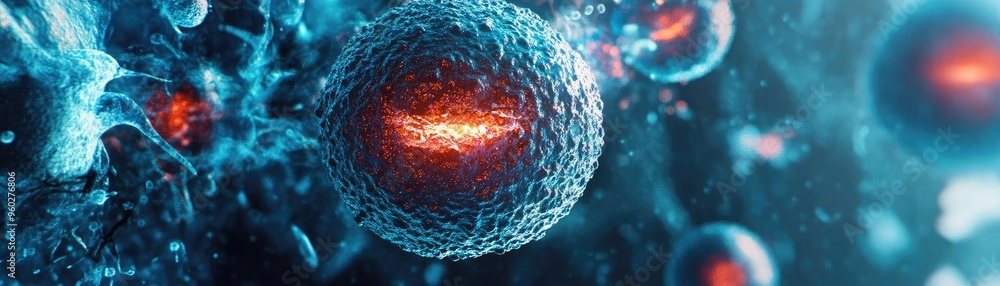 Poster close-up view of a vibrant cell surrounded by glowing particles, representing advanced biological pr
