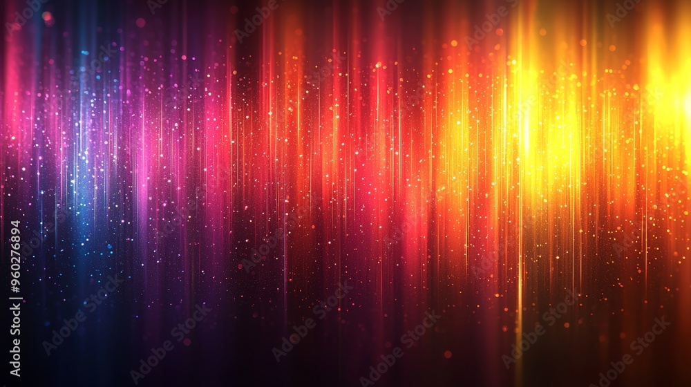 Poster vibrant digital abstract background with colorful vertical lines and scattered light particles illum
