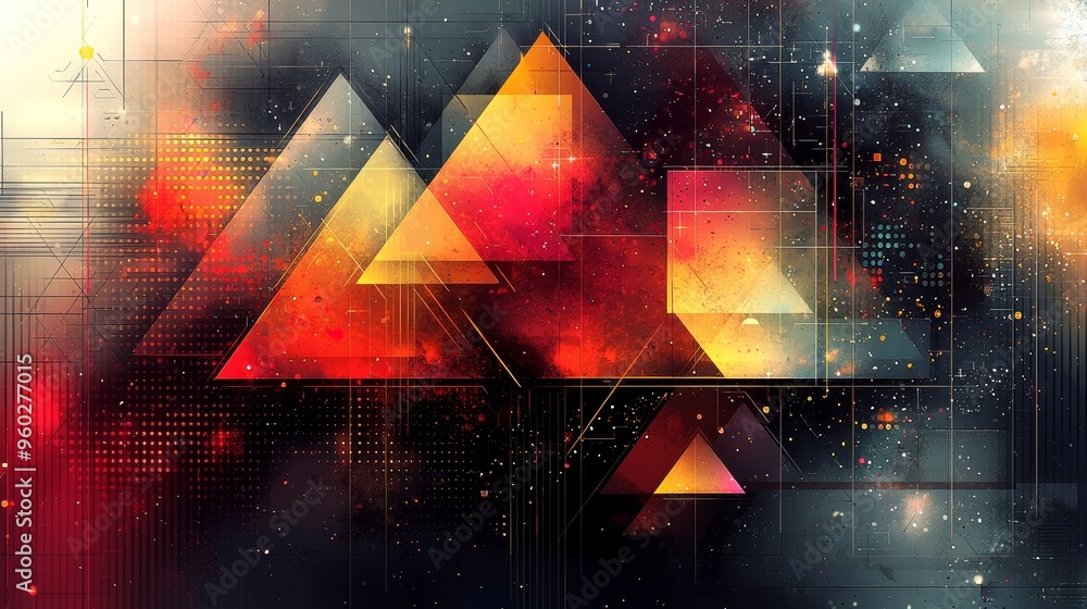 Poster abstract geometric pattern featuring vibrant triangular shapes with a cosmic background at nighttime