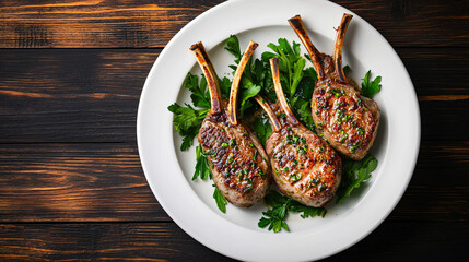 White plate on a dark wooden table with four herb-seasoned grilled lamb chops