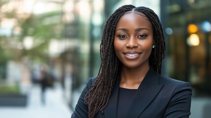 A young professional woman with long braided hair, dressed in a tailored black suit, stands confidently in front of a modern glass office building