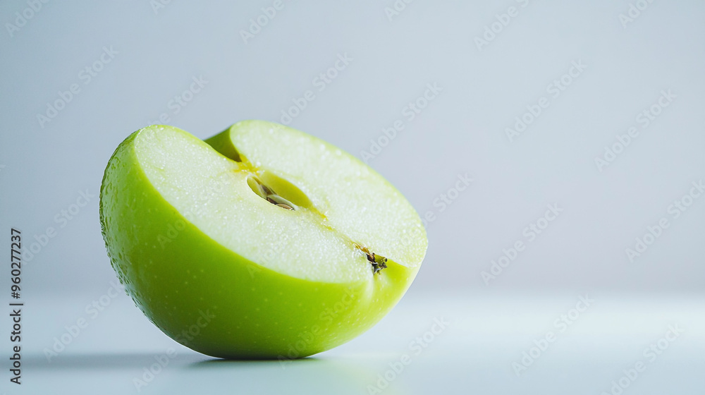 Poster freshly cut green apple slice on a light background highlighting texture and color in a minimalist s