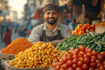 Bhaji Wala Selling Colorful Vegetables on a Bustling Indian Street
