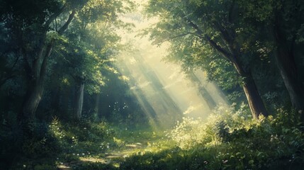 Obraz premium Painting a tranquil forest path illuminated by soft sunlight filtering through lush trees, creating a serene and magical atmosphere.