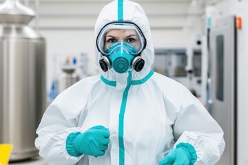 Fototapeta premium Scientist in full hazmat suit and respirator in lab
