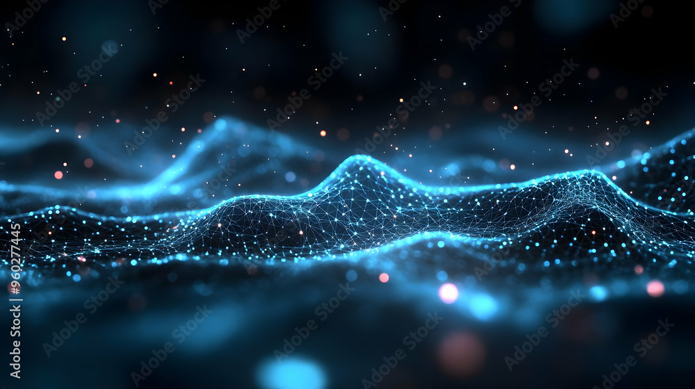 Poster abstract representation of digital waves with glowing particles.