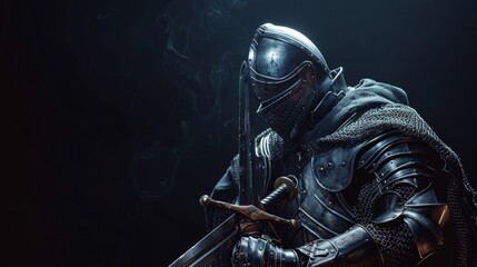 Fototapeta premium A knight in silver armor with a sword and dramatic pose against a dark backdrop. No cigarette as described. Anachronistic details noted.