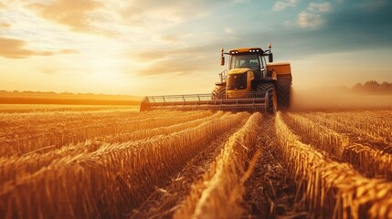Obraz premium Sunset illuminates a tractor harvesting golden wheat in a serene, picturesque field. A symbol of farming and nature's bounty.