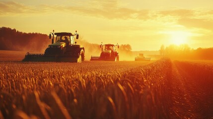 Obraz premium Tractors working in a golden field during sunset, highlighting agricultural productivity and the beauty of rural landscapes.