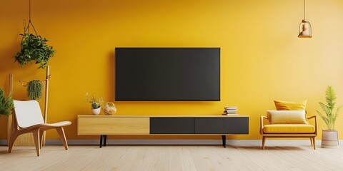 Modern  tv Stand and tv on a yellow wall 