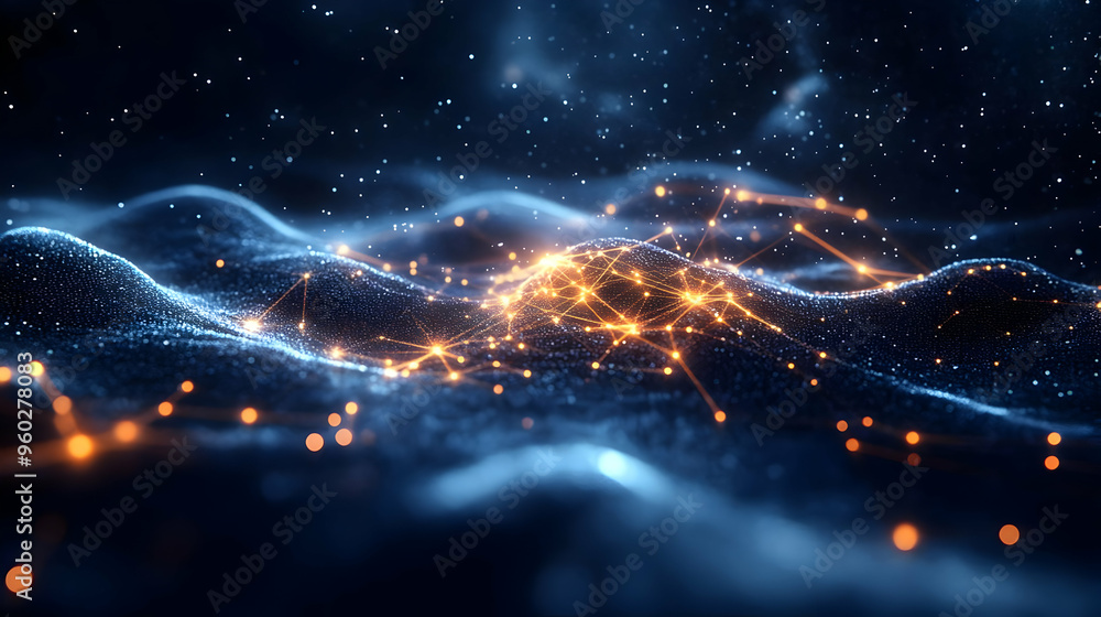 Poster abstract representation of interconnected data points and waves.