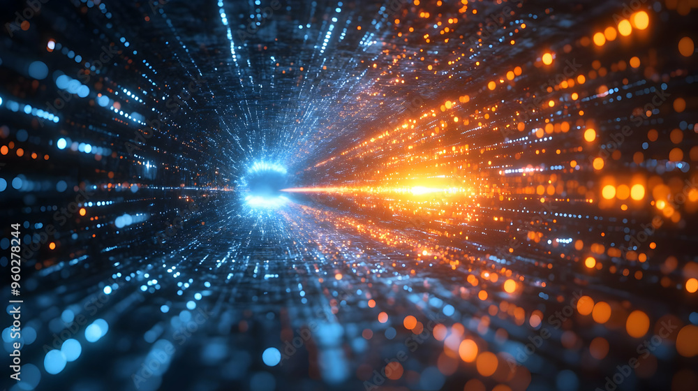 Poster abstract representation of light and motion in a digital space.